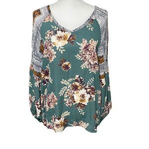 ODDY Teal Floral Blouse, Unique Sleeves, NWT, Boutique, Size Med